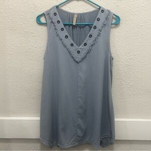 XCVI Fringe V Neckline Blue Grey Tank Top Size Small